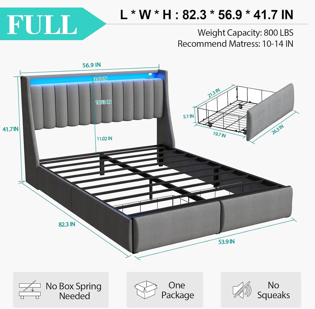 full size bed frame with upholstered storage headboard shown in use