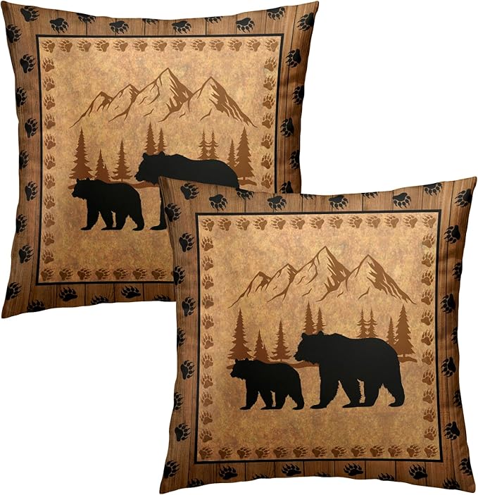 Bear Throw Pillow Covers 18x18 Inch Set of 2 Retro Brown Mountain Decorative - Image 2