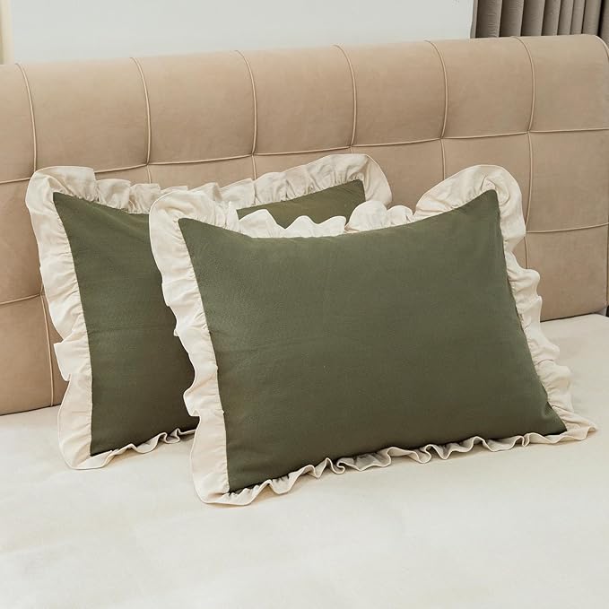 Pillow Shams Set of 2 Pure Cotton Champray Ruffled Edge, Thick and Solid Washed by GLORYSEASON