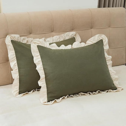 Pillow Shams Set of 2 Pure Cotton Champray Ruffled Edge, Thick and Solid Washed by GLORYSEASON