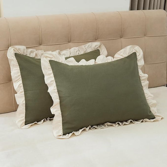 Pillow Shams Set of 2 Pure Cotton Champray Ruffled Edge, Thick and Solid Washed by GLORYSEASON