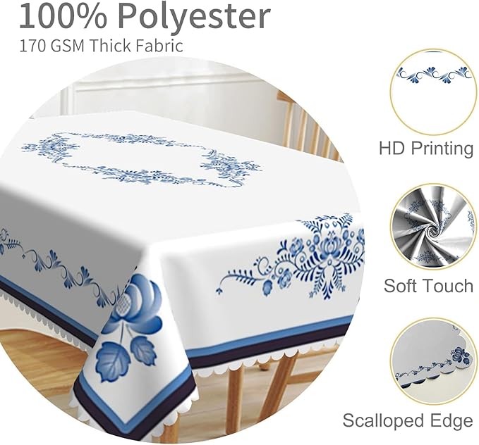52x70inches Blue Floral Rectangle Tablecloth Blue and White Porcelain - Image 3
