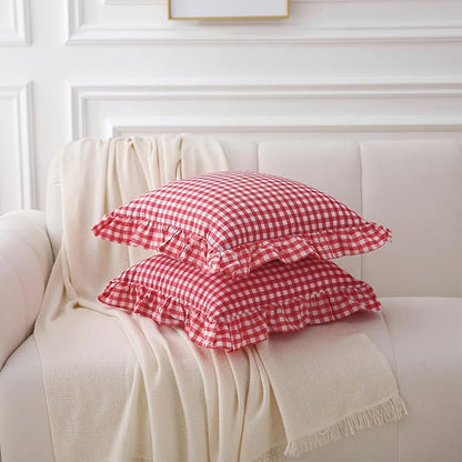 2 Pack Red White Plaid Ruffle Gingham Throw Pillow Covers, 100% Washed Cotton - Image 3