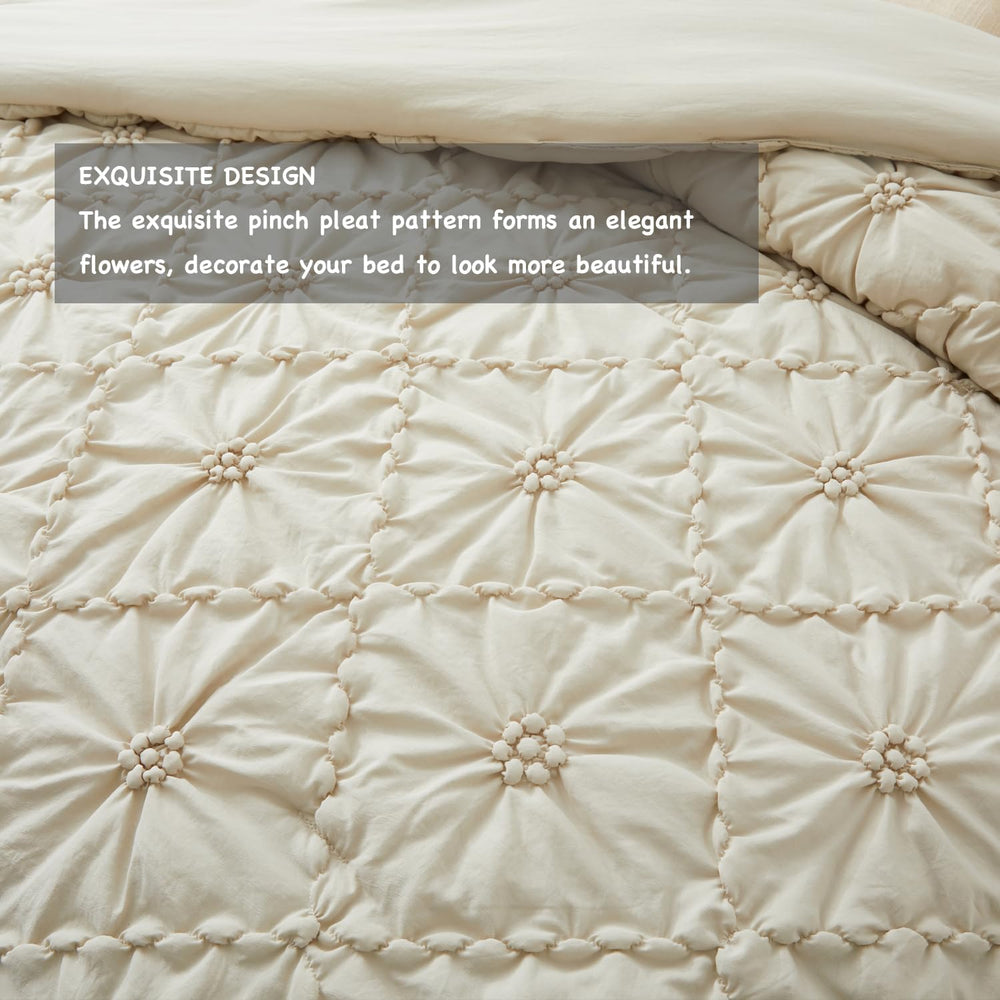 BEDAZZLED Queen Comforter Set, Beige Pinch Pleat Ruffle, 3 Pieces