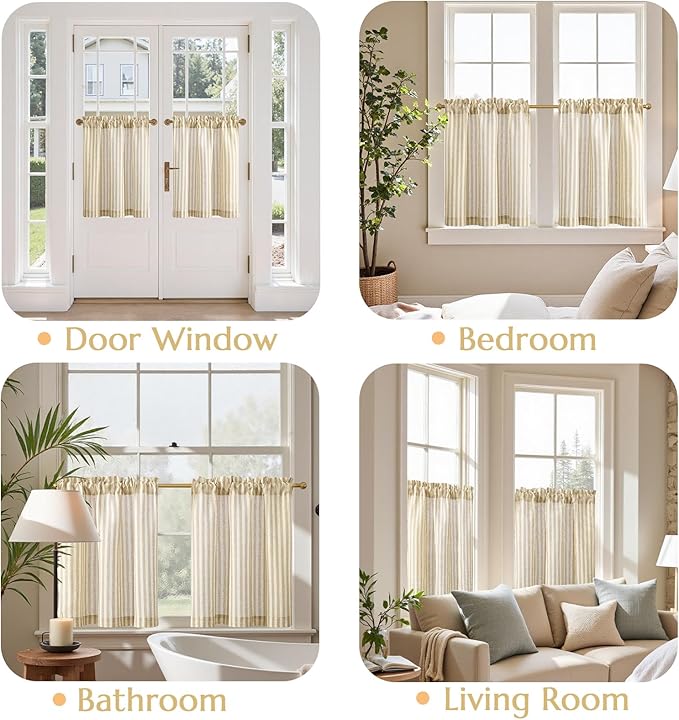 jinchan Striped Linen Kitchen Curtains 24 Inches Length Tier Curtains Farmhouse - Image 4