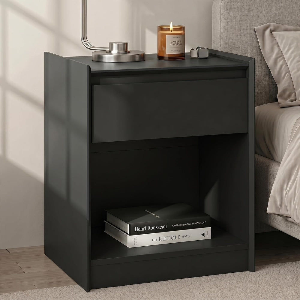 Black 24"H Nightstand, Drawer & Open Shelf, Small Bedside Table