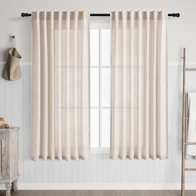 Nanspring Beige Linen Back Tab Curtains by Nanspring