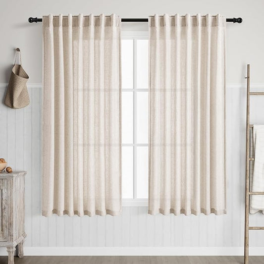 Nanspring Beige Linen Back Tab Curtains by Nanspring
