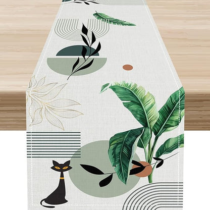 Boho Sage Green Table Runner, Mid Century Modern Black Cat Tropical Plants Palm by Unknown