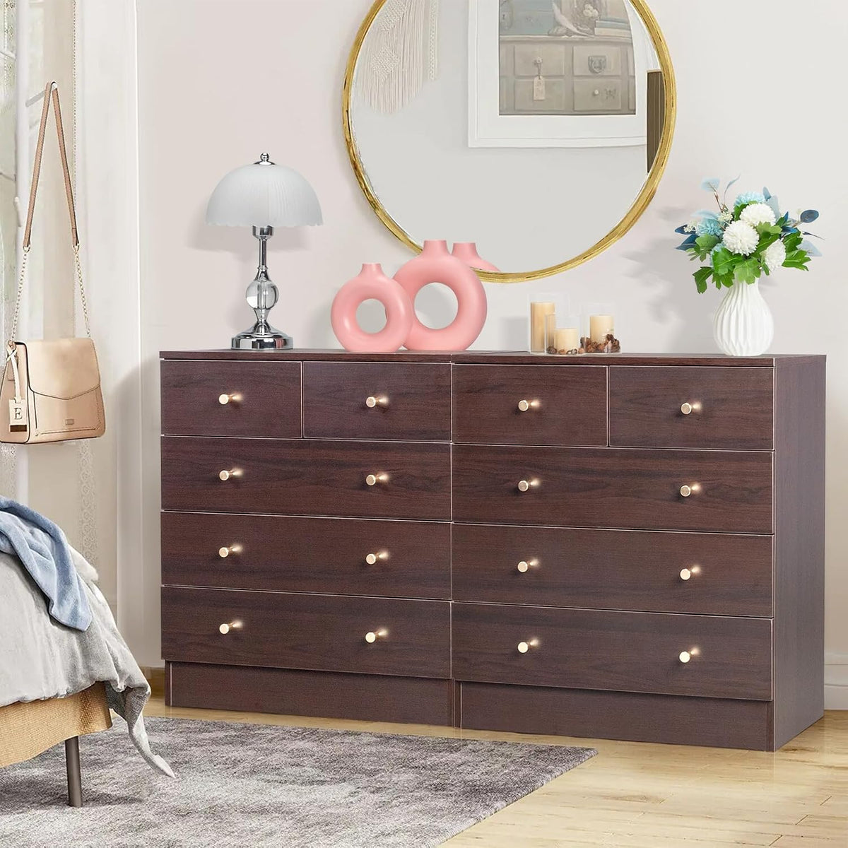 karl home brown 5 drawer dresser, rose gold shown in use