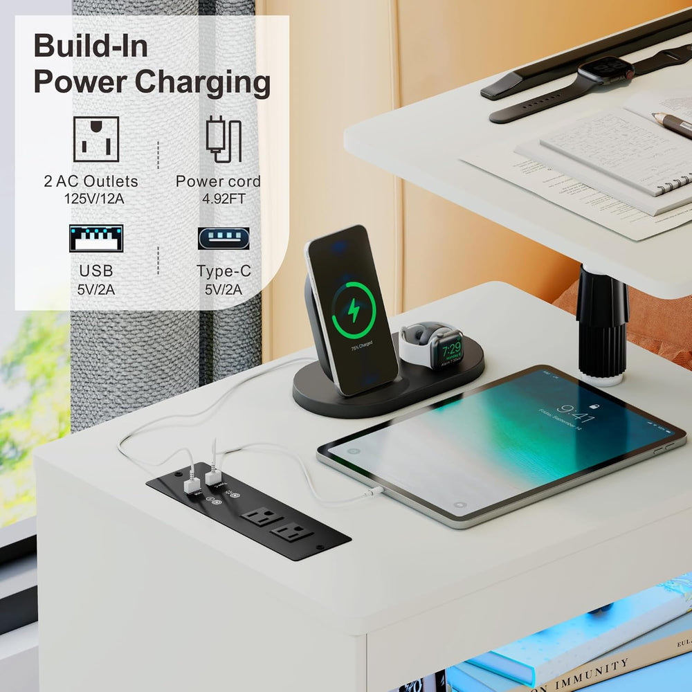 Lareth Rolling Nightstand with Wheels, LED Lights, Charging Station