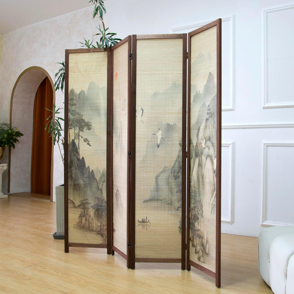 Furnnylane 4 Panel Bamboo Room Divider, 5.6 ft Tall Double-Sided Folding Priv...