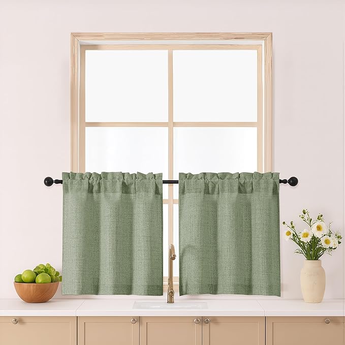 Gwine Green Kitchen Curtains 24 Inch Length 2 Panels, Light Filtering Textured by Gwine