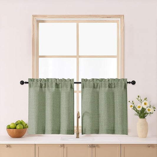 Gwine Green Kitchen Curtains 24 Inch Length 2 Panels, Light Filtering Textured by Gwine