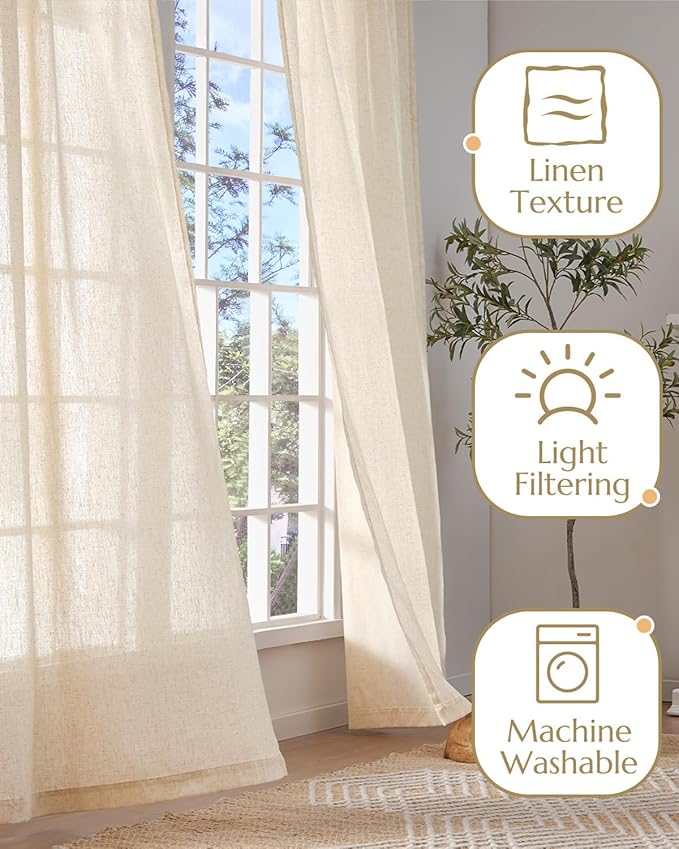 jinchan Linen Blend Light Filtering Curtains 38W x 96L Inch Beige - Image 4