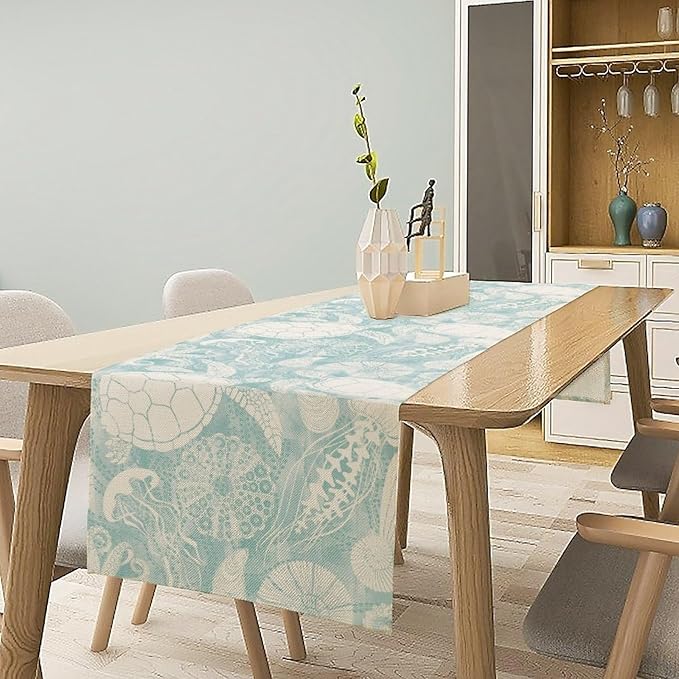Marine Sea Turtle Table Runner, Ocean Beach Coral Starfish Seashell Table Runner - Image 3