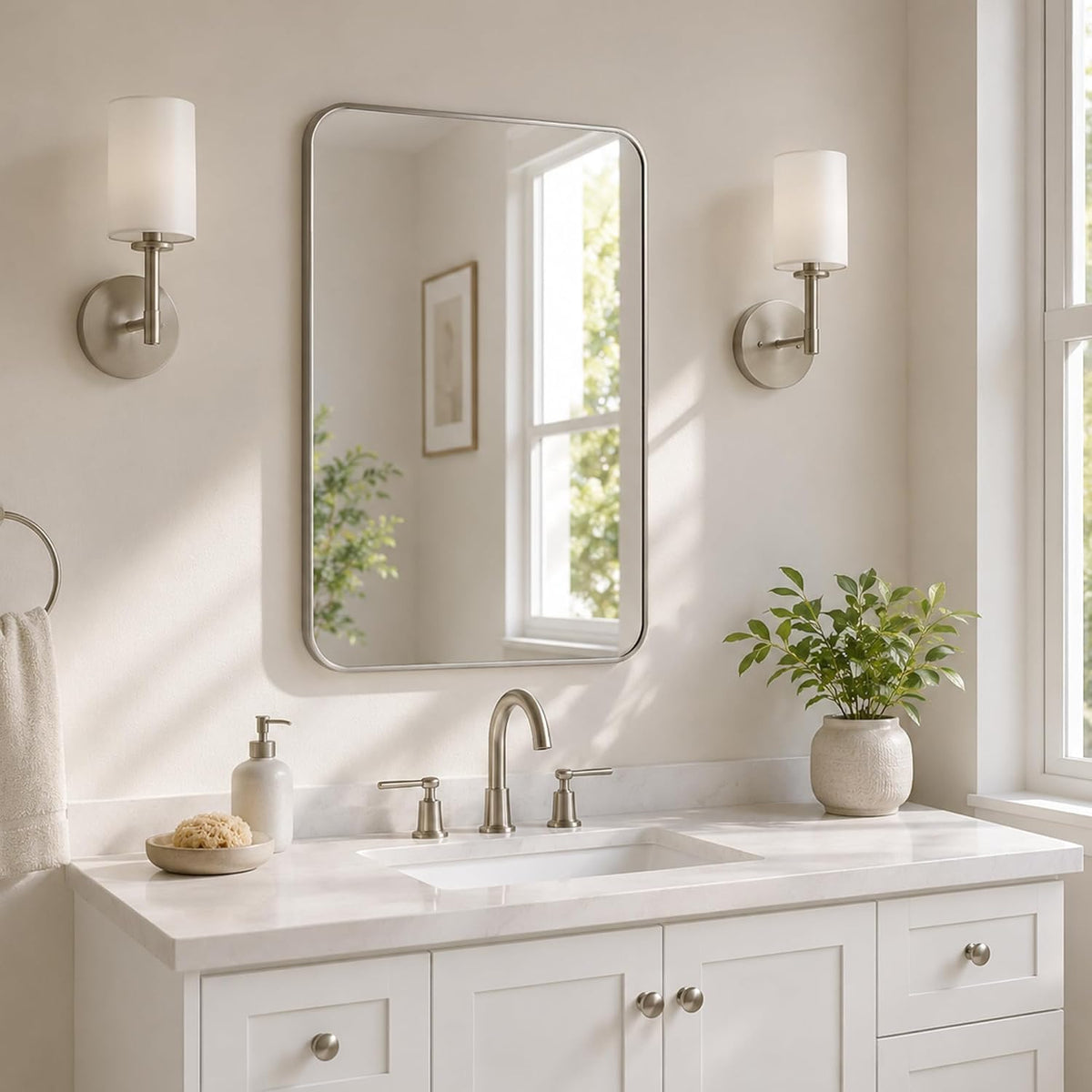 24x36 inch brushed nickel rounded rectangle bathroom vanity, side view