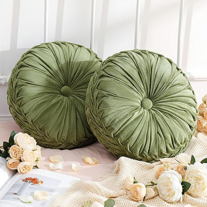 2 Pcs Round Throw Pillows Decorative Velvet Pleated Throw Pillows 15'' Diameter by Drydiet
