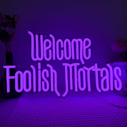 Welcome Foolish Mortals Neon Sign, Halloween Neon Light Spooky Gothic Haunted Mansion LED Coffin Decor USB Powered, for Horror Movie Party Haunted House Man Cave Home Room Themed Bars(16.1 * 9.4 In)