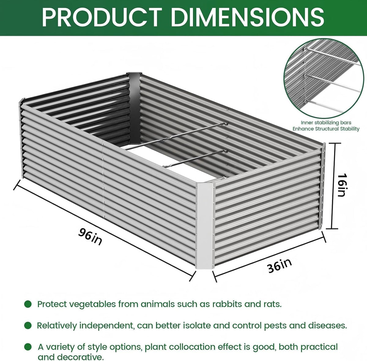 tall 8ft galvanized raised garden bed outdoor,above ground, close-up detail