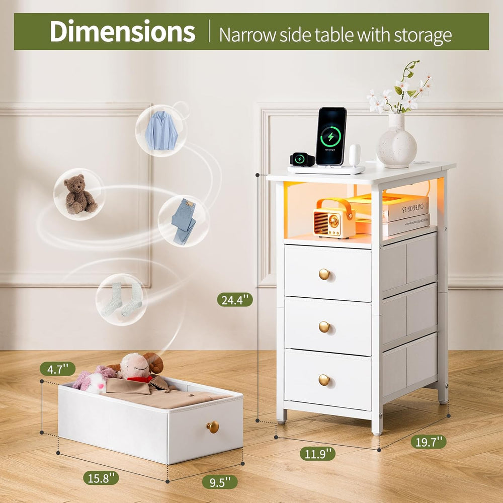 Yoobure End Table with Charging Station, LED Narrow Side Table Bedside Table,...