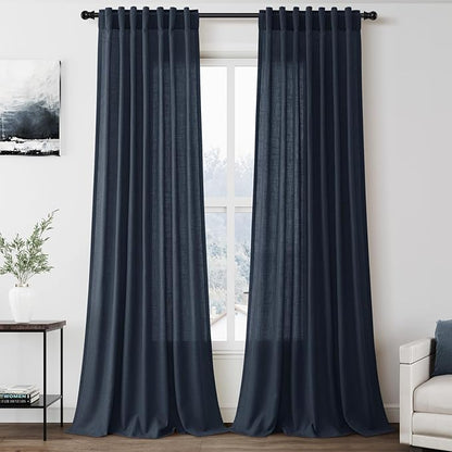 Vintage Blue Linen Curtains 90 Inch Long 2 Panels Set by Nanspring