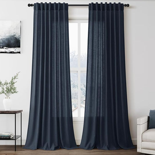 Vintage Blue Linen Curtains 90 Inch Long 2 Panels Set by Nanspring