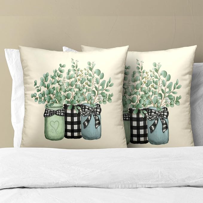 Eucalyptus Leaves Throw Pillow Covers Set of 2 Spring Green Botanical Plaid Jar - Image 3