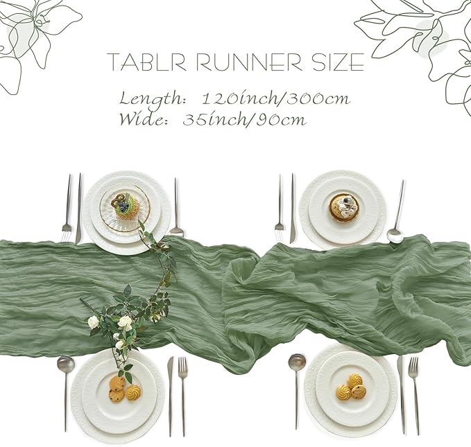 IVAPUPU 2 Pcs Cheesecloth Christmas Table Runner - 10ft Sage Green Boho Gauze - Image 5
