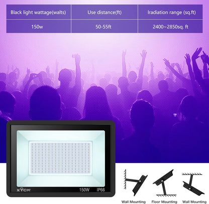 XYCN 2 Pack 150W Black Light Flood Light, Blacklight with Plug, IP66 Waterproof for Glow Party, Halloween, Neon Glow, Aquarium,Fluorescent Poster,Body Paint,Glow in The Dark