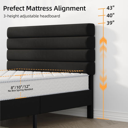 immerstable full bed frame with velvet upholstered headboard showing dimensions