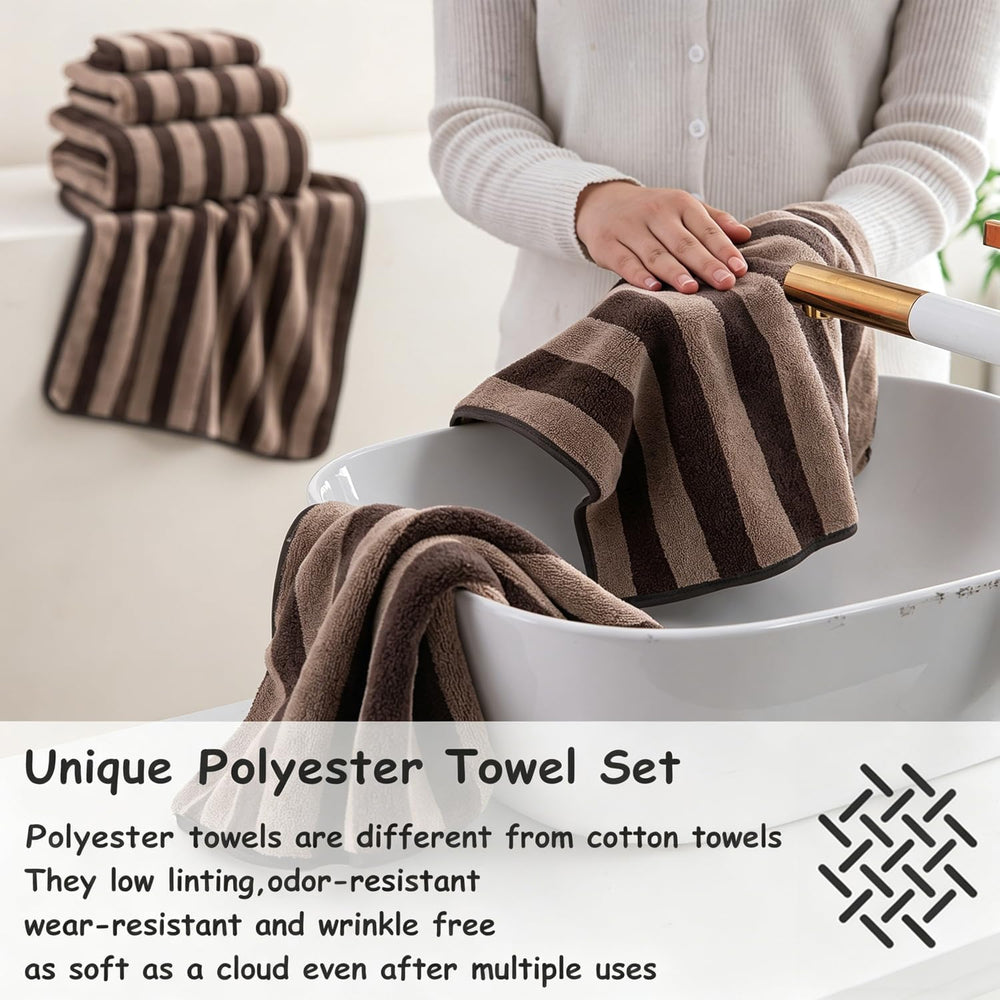 18 Pcs Brown Cabana Stripe Bath Towel Set with Hanging Loop-6 Bath Towels,6 H...