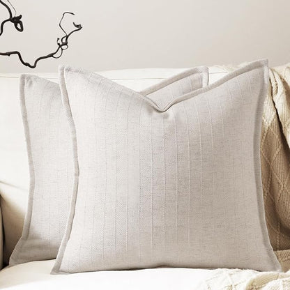18x18 Linen Pillow Covers Beige Pack of 2 Farmhouse Boho Neutral Accents by DEZENE