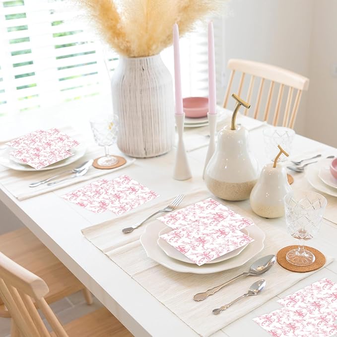 50 Pcs Pink Bow Napkins Coquette Party Supplies Pink Floral Disposable Cocktail - Image 6