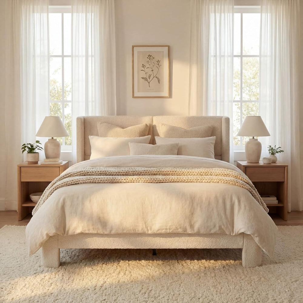 LIKIMIO Queen Bed Frame with USB Ports & Wingback Headboard, Cream White