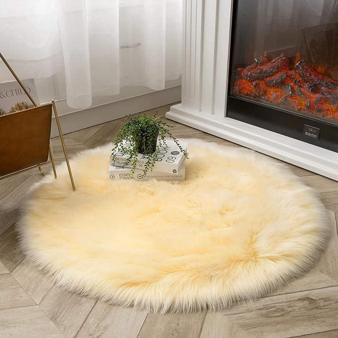 Latepis Yellow Circle Rug Faux Sheepskin Fur Round Rugs 4ft Washable Cute Plush - Image 2