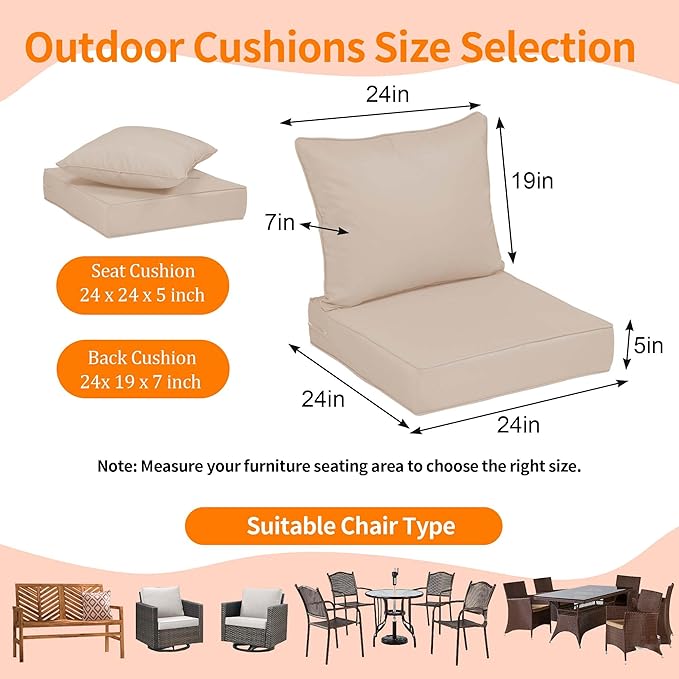 24x24'' Outdoor Chair Cushion Set of 2, UV&Fade Resistant Deep Seat Patio - Image 2