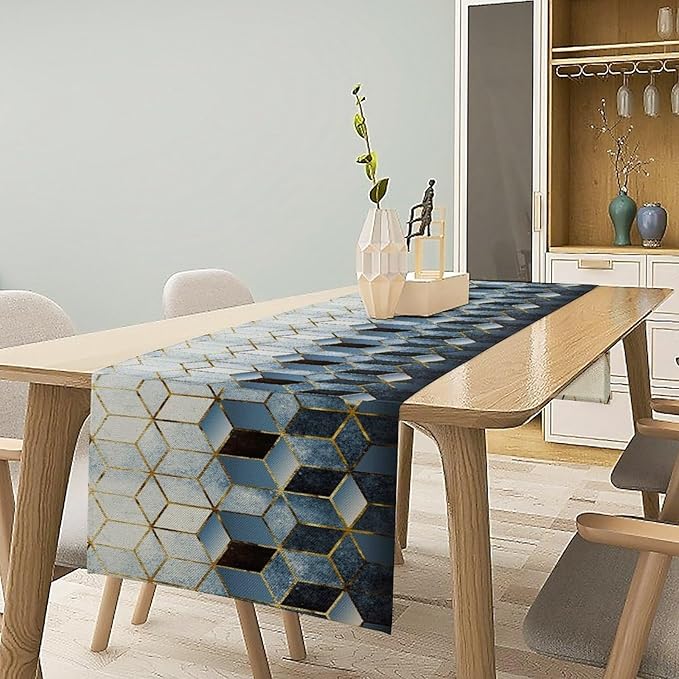 Geometric Blue Marble Table Runner Abstract Hexagon Pattern Texture Table Runner - Image 3