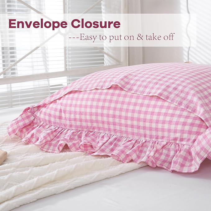 2 Pack Pink White Plaid Ruffle Euro Gingham Throw Pillow Covers, 100% Washed - Image 4