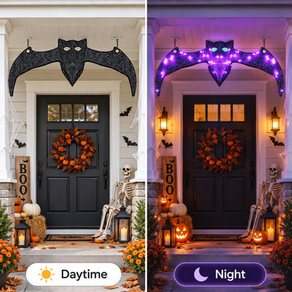 Lighted Hanging Bat Halloween Window Decorations, Large Spooky Glowing Purple LED Bat Halloween Decorations Outdoor Indoor with Auto-Timer, Sparkling Plush & Hooks for Front Porch Window Tree Mantel