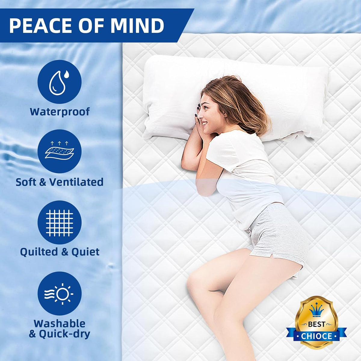 queen mattress protector waterproof, mattress pad fitted deep, front angle view