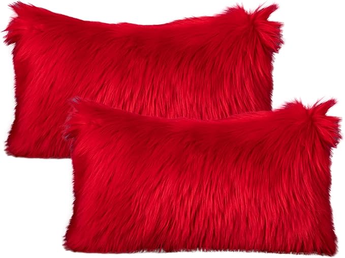 LIGICKY Set of 2 Decorative Red Lumbar Fluffy Throw Pillow Cover Faux Fur Shams by LIGICKY