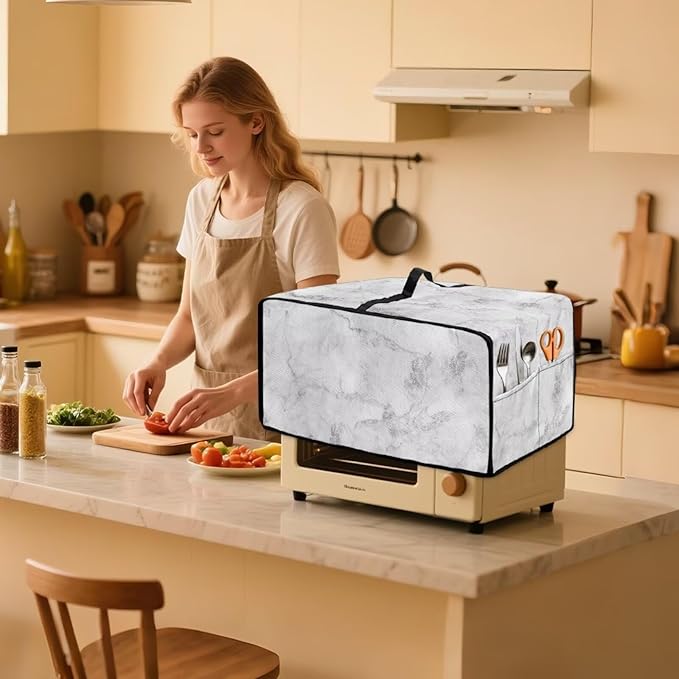 White Marble Texture Print Microwave Oven Dust Cover Polyester-Linen Fabric - Image 3