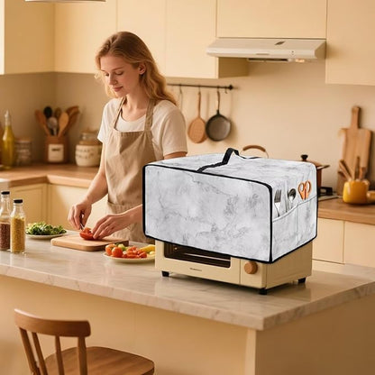 White Marble Texture Print Microwave Oven Dust Cover Polyester-Linen Fabric - Image 3