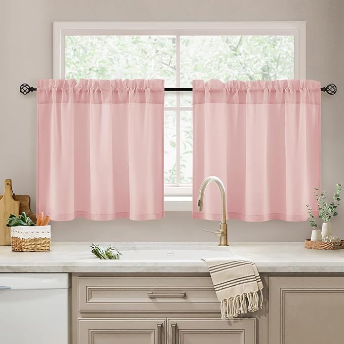 HOMEIDEAS Non-See-Through Pink Privacy Sheer Kitchen Curtains 24 Inches Long 2 by HOMEIDEAS