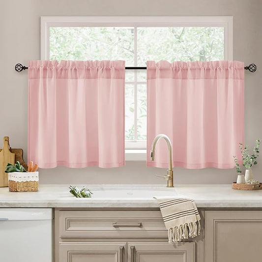 HOMEIDEAS Non-See-Through Pink Privacy Sheer Kitchen Curtains 24 Inches Long 2 by HOMEIDEAS