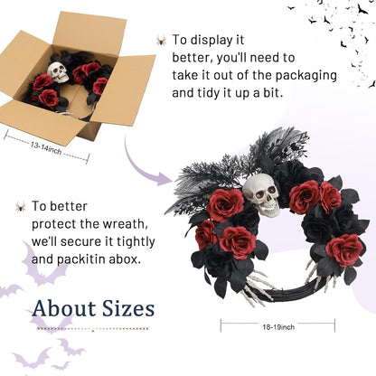 18" Halloween Wreaths for Front Door with Skull and Skeleton Hands