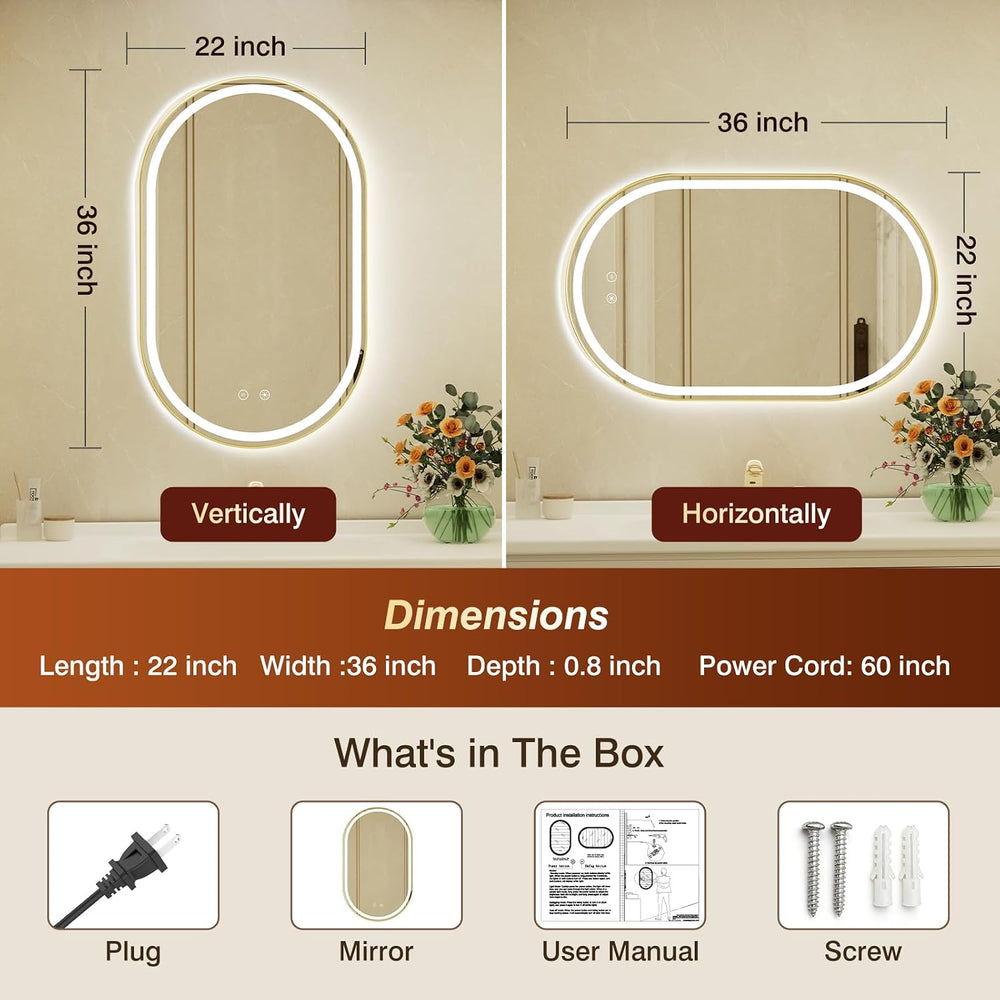 22x36 Inch Oval Gold Framed LED Bathroom Mirror with Lights,Wall-Mounted Mirr...