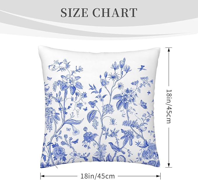 Blue Floral Bird Pillow Covers 18x18 Inch, Chinoiserie Throw Pillow Cases Set - Image 2