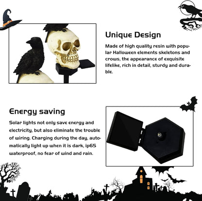 Halloween Solar Pathway Lights - Solar Halloween Skull Stake Lights Decorations Outdoor - 2PCS Waterproof Resin Skeleton Crows Decor for Outside Yard Garden Lawn